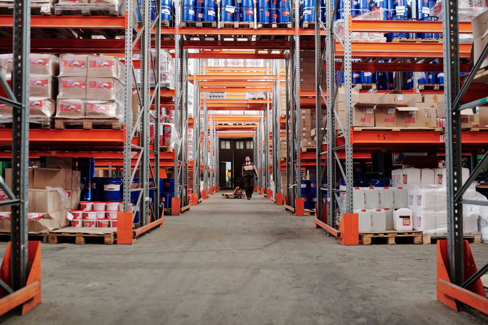 Fully stocked restaurant stockroom shelving